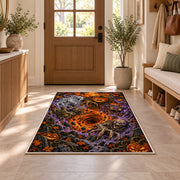 Skeleton and jack-o'-lantern graveyard vortex area rug in a sunny entryway