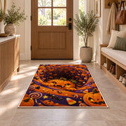 Cute pumpkin and candy spiral area rug in a sunny entryway