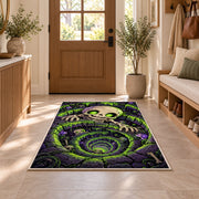 Glowing green skeleton well vortex area rug in a sunny entryway