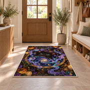 Black cat witch cauldron galaxy area rug in a sunny entryway