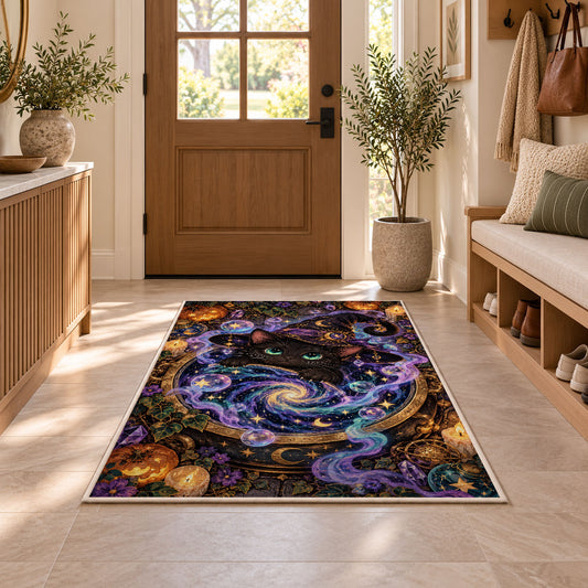 Black cat witch cauldron galaxy area rug in a sunny entryway