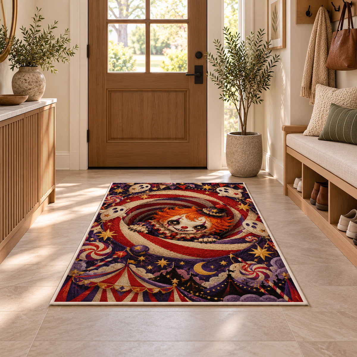 Creepy circus clown spiral area rug in a sunny entryway
