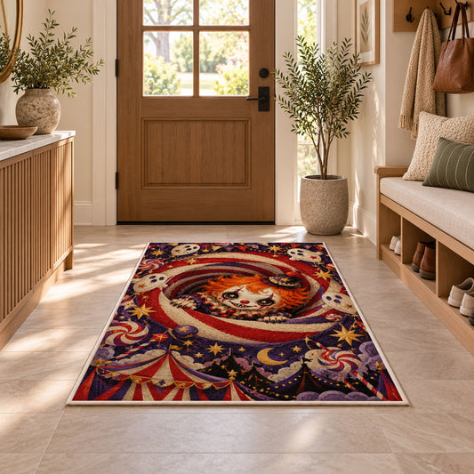 Creepy circus clown spiral area rug in a sunny entryway