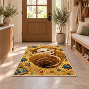 Cute mummy Egyptian tomb area rug in a sunny entryway