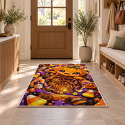Cute pumpkin candy tunnel area rug in a sunny entryway