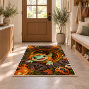 Cute dinosaur pumpkin costume area rug in a sunny entryway