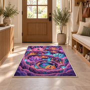 Cute fluffy monster crystal cave area rug in a sunny entryway
