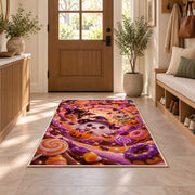 Cute ghost witch candy swirl area rug in a sunny entryway