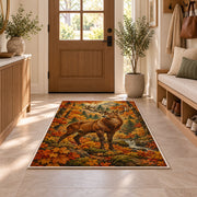 Autumn Whitetail Buck rug in an entryway with a wooden door and bench