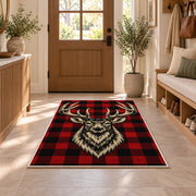Buffalo Plaid Deer rug in an entryway with a wooden door and bench