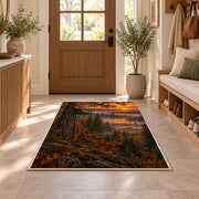 Tree Stand Sunrise rug in an entryway with a wooden door and bench
