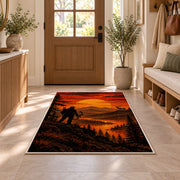 Bowhunter Sunset rug in an entryway with a wooden door and bench