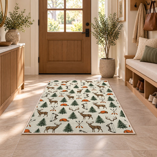 Hunting Icons Pattern rug in an entryway with a wooden door and bench