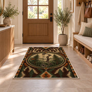 Bowhunting Emblem rug in an entryway with a wooden door and bench