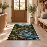 Leaping Deer Stream rug in an entryway with a wooden door and bench