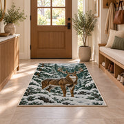 Winter Buck rug in an entryway with a wooden door and bench