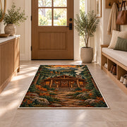 Hunting Cabin rug in an entryway with a wooden door and bench