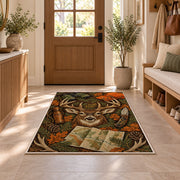 Hunting Gear rug in an entryway with a wooden door and bench