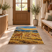 Deer Herd Meadow rug in an entryway with a wooden door and bench
