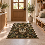 Woodland Camo Buck rug in an entryway with a wooden door and bench
