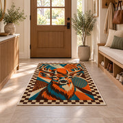 Pop Art Buck rug in an entryway with a wooden door and bench