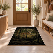 Hunting Scope Buck rug in an entryway with a wooden door and bench