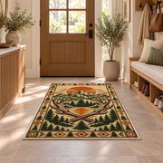 Mountain Lodge Emblem rug in an entryway with a wooden door and bench