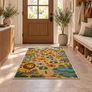 Safari animal hopscotch rug with lions, elephants and numbered stepping circles, displayed in a cozy home interior