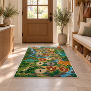 Green dinosaur hopscotch rug with prehistoric plants and numbered footprints, displayed in a cozy home interior