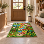 Green farm animal hopscotch rug with numbered circles, barn, tractor and fields, displayed in a cozy home interior