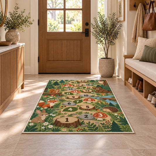 Woodland animal hopscotch rug with earthy numbered circles and green forest foliage, displayed in a cozy home interior
