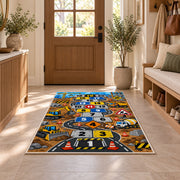 Construction truck hopscotch rug with numbered road tiles, diggers and traffic signs, displayed in a cozy home interior