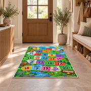 Rainbow adventure game rug with numbered colorful path tiles and activity prompts, displayed in a cozy home interior