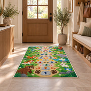 Green animal footprint hopscotch rug with colorful numbers, flowers and friendly animals, displayed in a cozy home interior