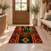 Kwanzaa Kinara Rug in an entryway with a wooden door and bench