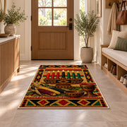 Kwanzaa Mkeka Rug in an entryway with a wooden door and bench