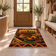 Kwanzaa Table Rug in an entryway with a wooden door and bench