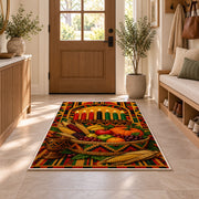 Kwanzaa Harvest Basket Rug in an entryway with a wooden door and bench