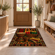 Djembe Drum Kwanzaa Rug in an entryway with a wooden door and bench
