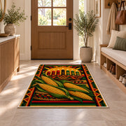 Kwanzaa Corn Rug in an entryway with a wooden door and bench