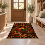 Kwanzaa Family Rug in an entryway with a wooden door and bench