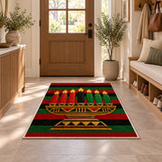Kwanzaa Stripe Rug in an entryway with a wooden door and bench