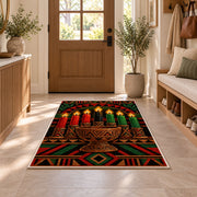 Kwanzaa Unity Cup Rug in an entryway with a wooden door and bench