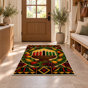 Kwanzaa Wreath Rug in an entryway with a wooden door and bench