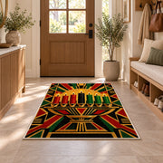 Art Deco Kwanzaa Rug in an entryway with a wooden door and bench