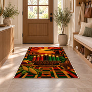 African Sunset Kwanzaa Rug in an entryway with a wooden door and bench