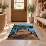 Lake dock with Adirondack chairs rug in an entryway with a wooden door and bench
