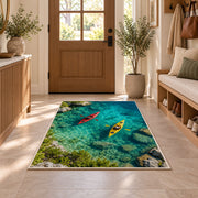 Kayaks on turquoise lake rug in an entryway with a wooden door and bench