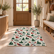 Lake life pattern rug in an entryway with a wooden door and bench