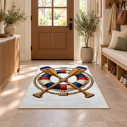 Crossed oars and life ring rug in an entryway with a wooden door and bench